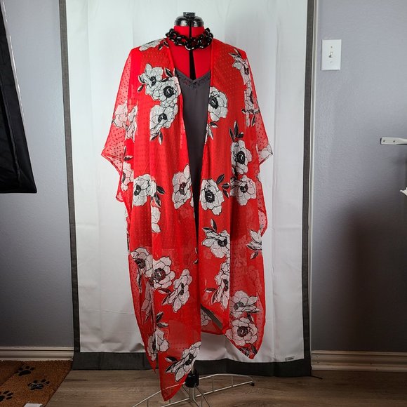 Lane Bryant Jackets & Blazers - Red & Black Floral Kimono Duster - Lane Bryant
